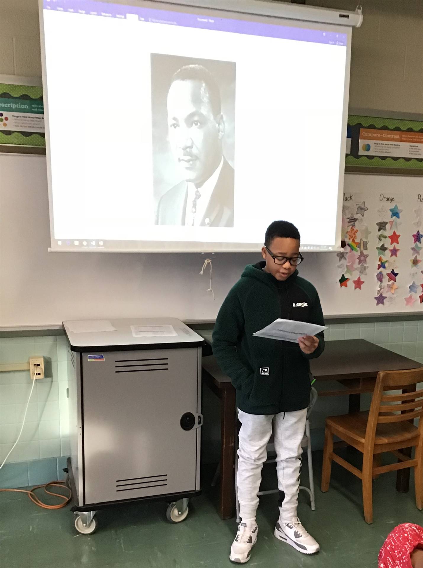 Student giving a presentation for Black History Month.